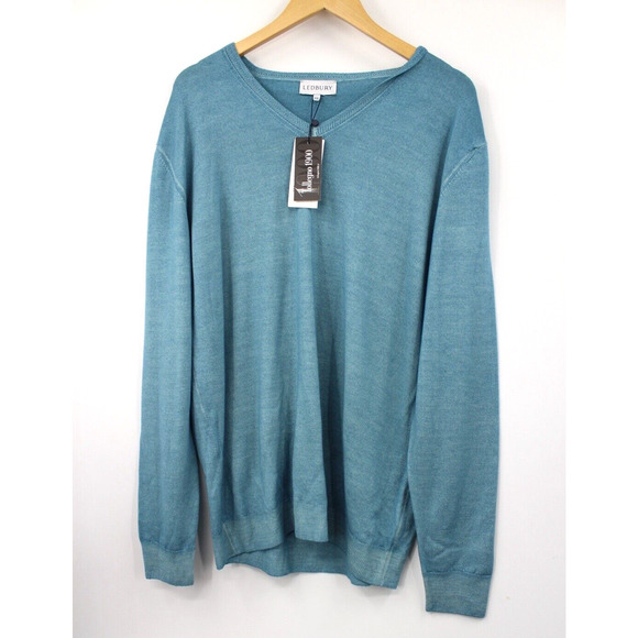 Ledbury‎ Alder Extra Fine Merino Wool V Neck Men's Sweater Surf Blue New 2XL - Picture 1 of 10